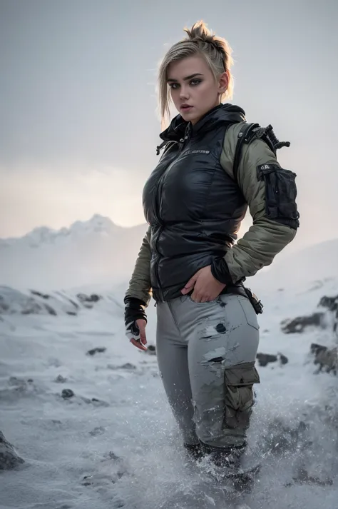 masterpiece, portrait of a beautiful 16 year old Norwegian girl in a post-apocalyptic frozen desert, Punk blonde with short hair...