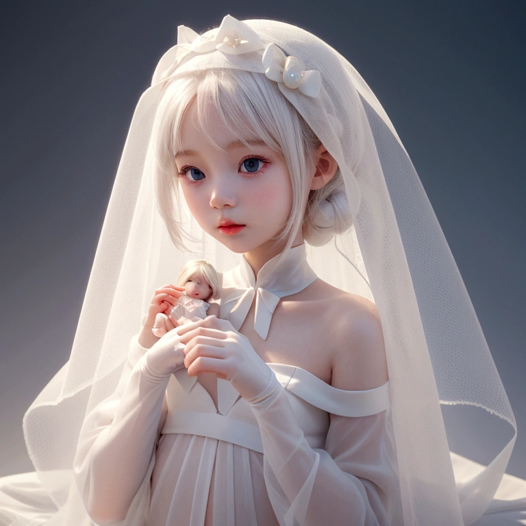  Body Type、Baby Face、flat chest like a boy、leotard、Height: approx. 140cm、small 、Close-up of a doll with a veil on its head, A surprisingly young and mysterious figure, Pale milky porcelain skin, smooth Translucent white skin, White Anime Barbie stockings, 白いleotardを着て, White Anime Barbie, Gwaiz, Translucent white skin, Smooth white tight clothing suit, Translucent body, Pale young ghost girl