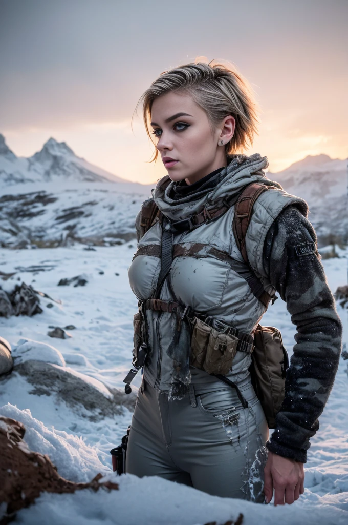 masterpiece, portrait of a beautiful 17 year old Norwegian girl in a post-apocalyptic frozen desert, Punk blonde with short hair, shaved on the sides, grey-blue eyes, very pale skin, highly detailed skin, Cool face, Tense face, Dramatic face, Hard Face, wearing dirty white military pants, wear a white and gray military scarf, wear a winter camouflage military vest in gray and white, wear punk style jewelry, Viking tattoos on skin, Cool Girl, The Killer Girl, Wild Girl, postapocalyptic style, RAW, dramatic lighting, threatening the Scandinavian skies, 8 k, Ultra high resolution.Photorealistic, uhd, First phase of XF IQ4, 150 MP, post-apocalyptic frozen snowy fjord landscape in the background, dirt, dust, rumbles, wreckage, action pose, (Mad Max movie atmosphere:1.2)