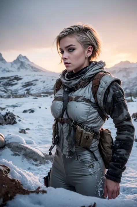 masterpiece, portrait of a beautiful 17 year old Norwegian girl in a post-apocalyptic frozen desert, Punk blonde with short hair...