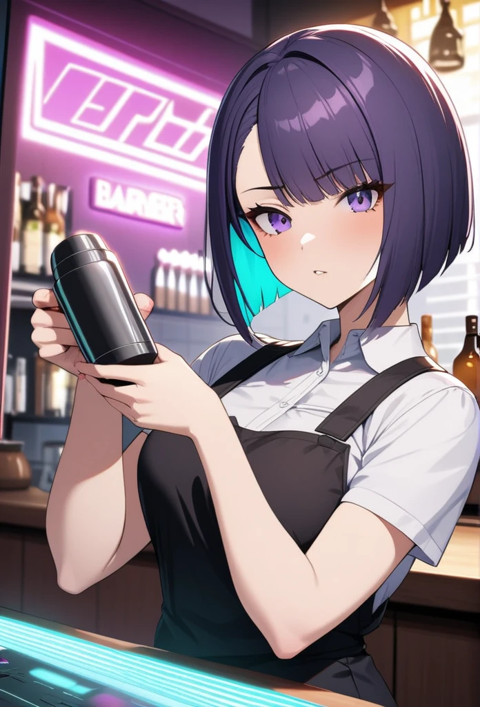 Adult Female, Black purple hair, slanted bob haircut, apathetic, perfect purple eyes cyberpunk bar, highly detailed, holding a bartender shaker