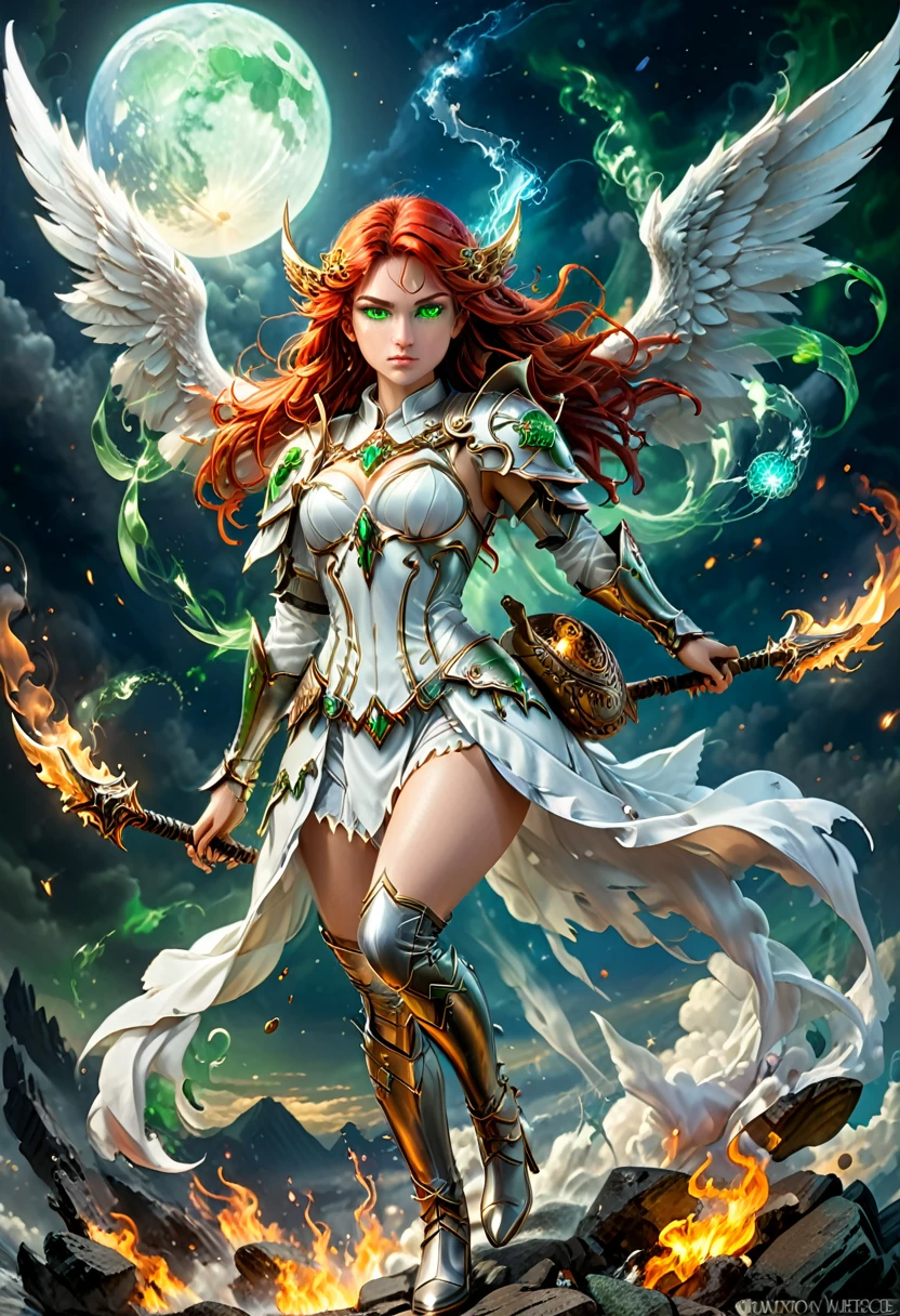 16k, ultra detailed, masterpiece, best quality, (extremely detailed), arafed, dnd art, panoramic view, full body, aasimar, female, (Masterpieceת intense details:1.3), female, sorceress, casting flaming spell(Masterpieceת intense details:1.3) large angelic wings, (azure: 1.3) angelic wings spread (Masterpieceת intense details:1.3), fantasy magical heaven background (Masterpieceת intense details:1.3), moon, stars, clouds, wearing white armor (Masterpieceת intense details:1.3), high heeled boots (Masterpieceת intense details:1.3), armed with staff, (red hair: 1.4), (green eyes: 1.4), intense eyes, ultra feminine, ultra detailed face, (Masterpieceת intense details:1.5), (anatomically correct: 1.5), determined face, divine light, cinematic lighting, soft light, silhouette, photorealism, panoramic view ((Masterpieceת intense details:1.3) , Wide-Angle, Ultra-Wide Angle, 16k, highres, best quality, faize, 3D rendering