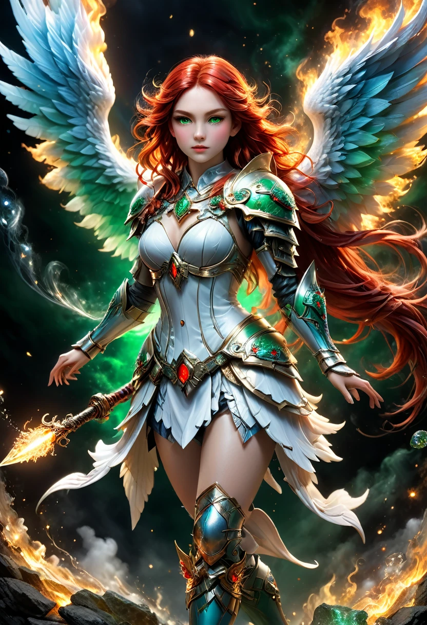 16k, ultra detailed, masterpiece, best quality, (extremely detailed), arafed, dnd art, panoramic view, full body, aasimar, female, (Masterpieceת intense details:1.3), female, sorceress, casting flaming spell(Masterpieceת intense details:1.3) large angelic wings, (azure: 1.3) angelic wings spread (Masterpieceת intense details:1.3), fantasy magical heaven background (Masterpieceת intense details:1.3), moon, stars, clouds, wearing white armor (Masterpieceת intense details:1.3), high heeled boots (Masterpieceת intense details:1.3), armed with staff, (red hair: 1.4), (green eyes: 1.4), intense eyes, ultra feminine, ultra detailed face, (Masterpieceת intense details:1.5), (anatomically correct: 1.5), determined face, divine light, cinematic lighting, soft light, silhouette, photorealism, panoramic view ((Masterpieceת intense details:1.3) , Wide-Angle, Ultra-Wide Angle, 16k, highres, best quality, faize, 3D rendering
