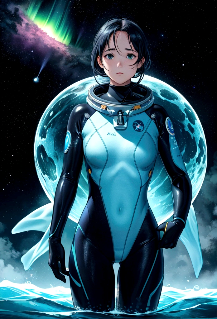 An extraordinary anime-inspired illustration, titled "URANUS 2324," masterfully blends space exploration and underwater exploration. The futuristic title, written in a bold font, evokes a sense of wonder and discovery. The astronaut, Sarocha Chankimha, is shown floating in a dark starry sky, surrounded by the distant blue planet Uranus and its rings. Meanwhile, a freediver, Rebeca Armstrong, gracefully swims through a mysterious underwater world, wearing only a full white neoprene suit and goggles. An aurora borealis creates a connection between these two distant worlds. Both the astronaut and the freediver extend their hands, reaching out to bridge the gap between their disparate realms. The stunning combination of space and ocean elements creates a visually captivating image that elicits feelings of longing and the, cinematic, photo, illustration, poster, typography