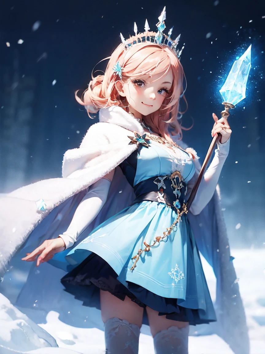 One Girl, Ice wand, White Cape, Ice crystals, winter, Frozen, Ice Castle, Transparency, Ice tiara. Queen , Cowboy Shot