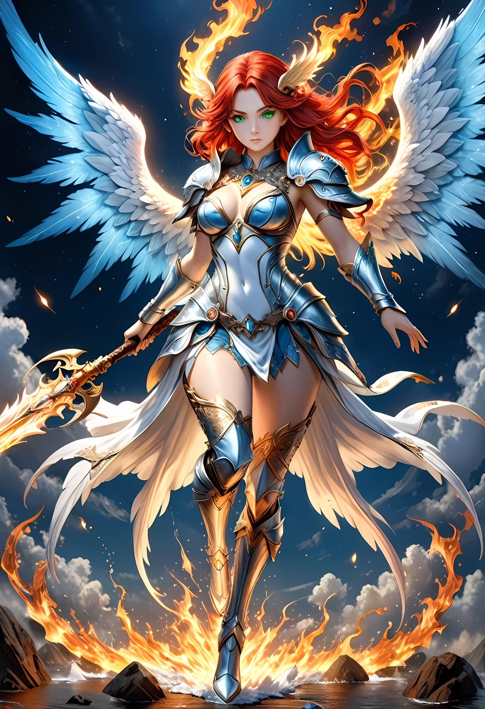 16k, ultra detailed, masterpiece, best quality, (extremely detailed), arafed, dnd art, panoramic view, full body, aasimar, female, (Masterpieceת intense details:1.3), female, sorceress, casting flaming spell(Masterpieceת intense details:1.3) large angelic wings, (azure: 1.3) angelic wings spread (Masterpieceת intense details:1.3), fantasy magical heaven background (Masterpieceת intense details:1.3), moon, stars, clouds, wearing white armor (Masterpieceת intense details:1.3), high heeled boots (Masterpieceת intense details:1.3), armed with staff, (red hair: 1.4), (green eyes: 1.4), intense eyes, ultra feminine, ultra detailed face, (Masterpieceת intense details:1.5), (anatomically correct: 1.5), determined face, divine light, cinematic lighting, soft light, silhouette, photorealism, panoramic view ((Masterpieceת intense details:1.3) , Wide-Angle, Ultra-Wide Angle, 16k, highres, best quality, faize, 3D rendering