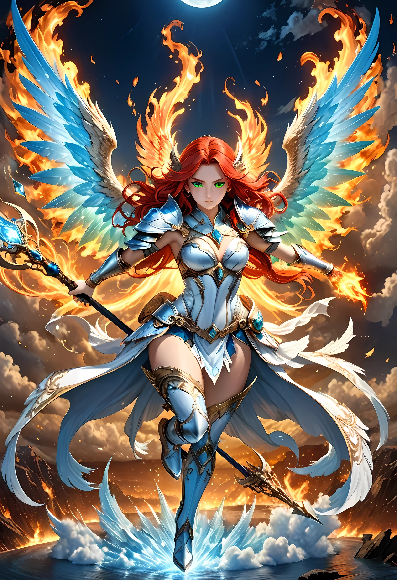 16k, ultra detailed, masterpiece, best quality, (extremely detailed), arafed, dnd art, panoramic view, full body, aasimar, female, (Masterpieceת intense details:1.3), female, sorceress, casting flaming spell(Masterpieceת intense details:1.3) large angelic wings, (azure: 1.3) angelic wings spread (Masterpieceת intense details:1.3), fantasy magical heaven background (Masterpieceת intense details:1.3), moon, stars, clouds, wearing white armor (Masterpieceת intense details:1.3), high heeled boots (Masterpieceת intense details:1.3), armed with staff, (red hair: 1.4), (green eyes: 1.4), intense eyes, ultra feminine, ultra detailed face, (Masterpieceת intense details:1.5), (anatomically correct: 1.5), determined face, divine light, cinematic lighting, soft light, silhouette, photorealism, panoramic view ((Masterpieceת intense details:1.3) , Wide-Angle, Ultra-Wide Angle, 16k, highres, best quality, faize, 3D rendering