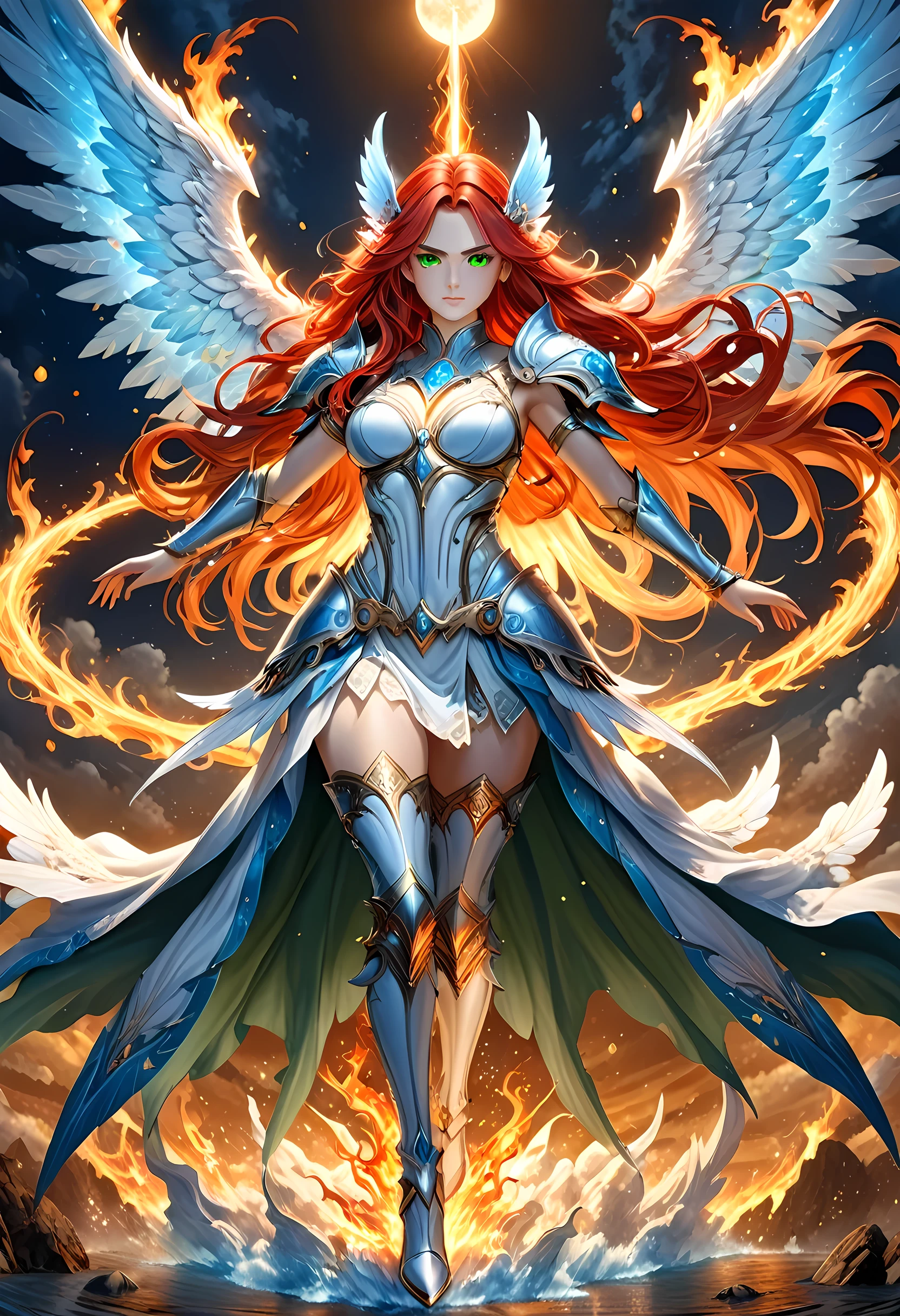 16k, ultra detailed, masterpiece, best quality, (extremely detailed), arafed, dnd art, panoramic view, full body, aasimar, female, (Masterpieceת intense details:1.3), female, sorceress, casting flaming spell(Masterpieceת intense details:1.3) large angelic wings, (azure: 1.3) angelic wings spread (Masterpieceת intense details:1.3), fantasy magical heaven background (Masterpieceת intense details:1.3), moon, stars, clouds, wearing white armor (Masterpieceת intense details:1.3), high heeled boots (Masterpieceת intense details:1.3), armed with staff, (red hair: 1.4), (green eyes: 1.4), intense eyes, ultra feminine, ultra detailed face, (Masterpieceת intense details:1.5), (anatomically correct: 1.5), determined face, divine light, cinematic lighting, soft light, silhouette, photorealism, panoramic view ((Masterpieceת intense details:1.3) , Wide-Angle, Ultra-Wide Angle, 16k, highres, best quality, faize, 3D rendering