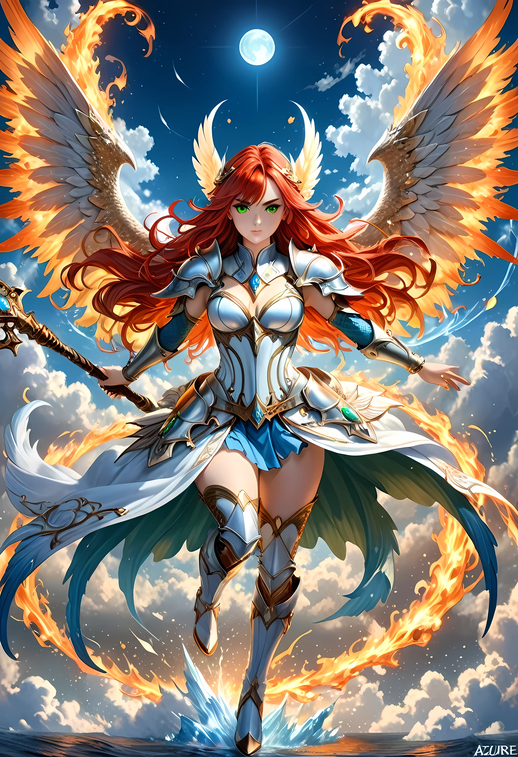 16k, ultra detailed, masterpiece, best quality, (extremely detailed), arafed, dnd art, panoramic view, full body, aasimar, female, (Masterpieceת intense details:1.3), female, sorceress, casting flaming spell(Masterpieceת intense details:1.3) large angelic wings, (azure: 1.3) angelic wings spread (Masterpieceת intense details:1.3), fantasy magical heaven background (Masterpieceת intense details:1.3), moon, stars, clouds, wearing white armor (Masterpieceת intense details:1.3), high heeled boots (Masterpieceת intense details:1.3), armed with staff, (red hair: 1.4), (green eyes: 1.4), intense eyes, ultra feminine, ultra detailed face, (Masterpieceת intense details:1.5), (anatomically correct: 1.5), determined face, divine light, cinematic lighting, soft light, silhouette, photorealism, panoramic view ((Masterpieceת intense details:1.3) , Wide-Angle, Ultra-Wide Angle, 16k, highres, best quality, faize, 3D rendering