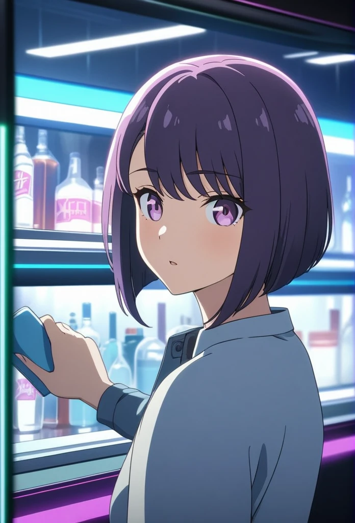 Adult Female, Black purple hair, slanted bob haircut, apathetic, perfect purple eyes, expressive eyes, cyberpunk bar, highly detailed, high quality, perfect quality, 8k anime, cleaning a glass