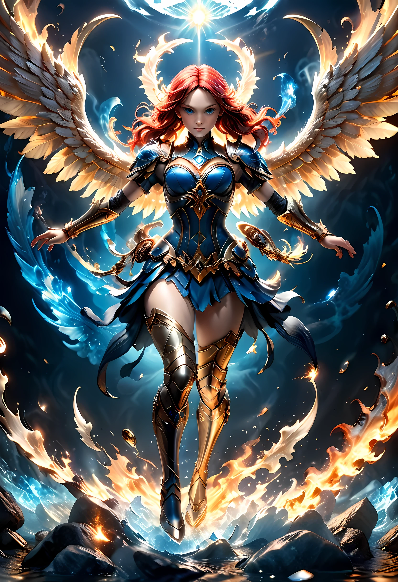 16k, ultra detailed, masterpiece, best quality, (extremely detailed), arafed, dnd art, panoramic view, full body, aasimar, female, (Masterpieceת intense details:1.3), female, sorceress, casting flaming spell(Masterpieceת intense details:1.3) large angelic wings, (azure: 1.3) angelic wings spread (Masterpieceת intense details:1.3), fantasy magical heaven background (Masterpieceת intense details:1.3), moon, stars, clouds, wearing white armor (Masterpieceת intense details:1.3), high heeled boots (Masterpieceת intense details:1.3), armed with staff, (red hair: 1.4), (green eyes: 1.4), intense eyes, ultra feminine, ultra detailed face, (Masterpieceת intense details:1.5), (anatomically correct: 1.5), determined face, divine light, cinematic lighting, soft light, silhouette, photorealism, panoramic view ((Masterpieceת intense details:1.3) , Wide-Angle, Ultra-Wide Angle, 16k, highres, best quality, faize, 3D rendering