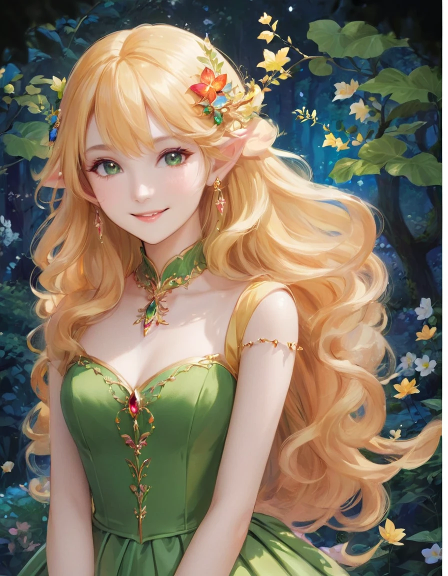 庭にいる緑のドレスを着た長いブロンドの髪のアニメの女の子, エルフの王女, 妖精の女王のように微笑む, 美しく優雅なエルフの女王, エルフの王女, beautiful エルフの王女, 金髪の王女, ! 夢の芸術の細菌, 非常に精巧な芸術品, 美しいアニメの肖像画, 夏の森の妖精の女王, ファンタジーアートスタイル, 王女の肖像画