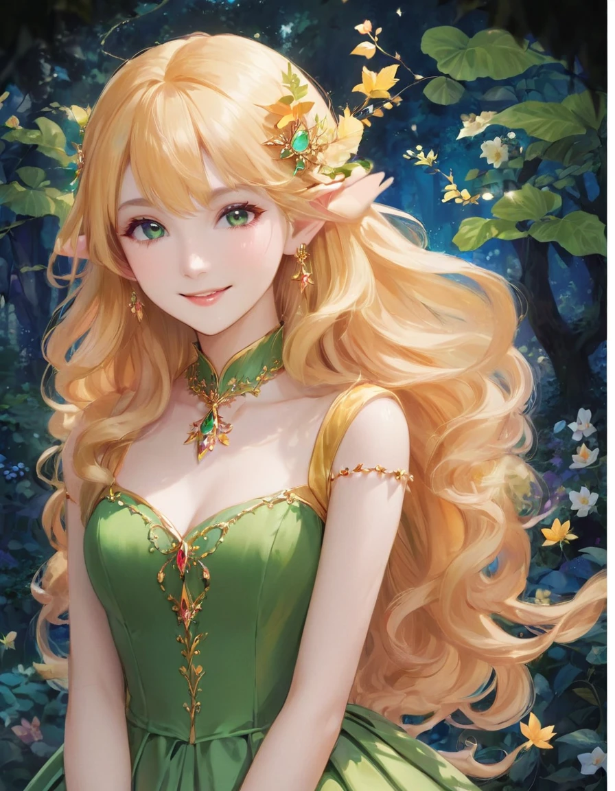 庭にいる緑のドレスを着た長いブロンドの髪のアニメの女の子, エルフの王女, 妖精の女王のように微笑む, 美しく優雅なエルフの女王, エルフの王女, beautiful エルフの王女, 金髪の王女, ! 夢の芸術の細菌, 非常に精巧な芸術品, 美しいアニメの肖像画, 夏の森の妖精の女王, ファンタジーアートスタイル, 王女の肖像画