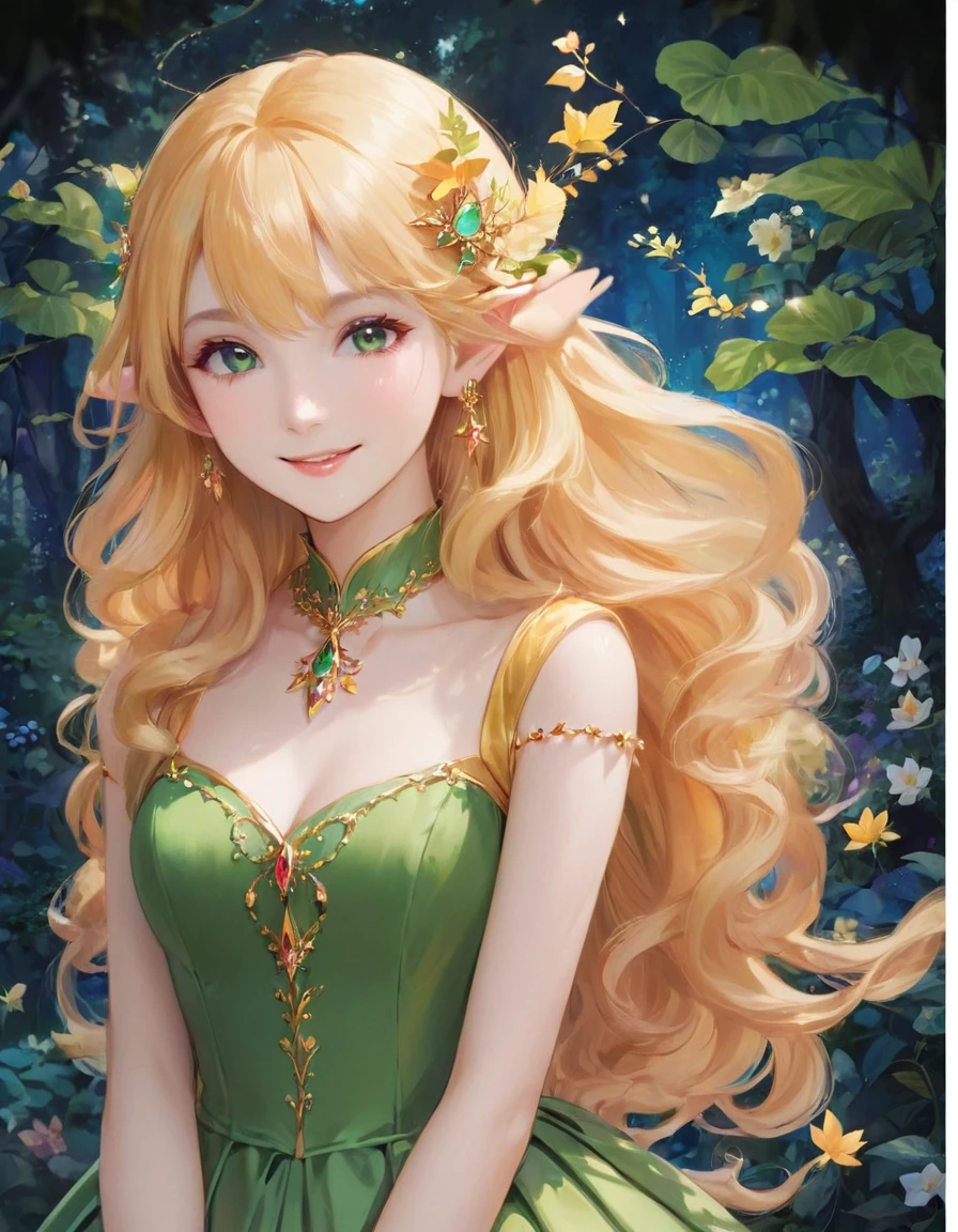 Garota de anime de longos cabelos loiros com vestido verde no jardim, Princesa Elfa, sorrindo como uma rainha de fadas, Rainha élfica bonita e elegante, Princesa Elfa, beautiful Princesa Elfa, Blonde Princess, ! germe de arte dos sonhos, Gemas de arte altamente detalhadas, Lindos retratos de anime, rainha das fadas da floresta de verão, Estilo de arte de fantasia, Retrato de uma princesa