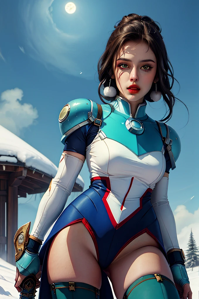 ((best quality)), ((masterpiece)), (detailed),  knight , (sci-fi illustration:1.3, longshot pos, mystical sky , bright colors, (detail sci-fi background), (high-resolution:1.2, high res, (winter), mega man art style, female, beautiful face, beautiful lips, sword, stockings, boots,4k)