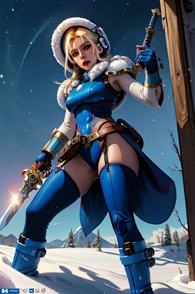 ((best quality)), ((masterpiece)), (detailed),  knight , (sci-fi illustration:1.3, longshot pos, mystical sky , bright colors, (detail sci-fi background), (high-resolution:1.2, high res, (winter), mega man art style, female, beautiful face, beautiful lips, sword, stockings, boots,4k)