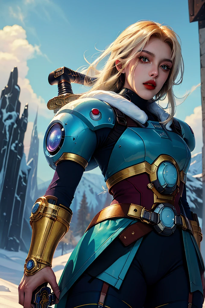 ((best quality)), ((masterpiece)), (detailed),  knight , (sci-fi illustration:1.3, longshot pos, mystical sky , bright colors, (detail sci-fi background), (high-resolution:1.2, high res, (winter), mega man art style, female, beautiful face, beautiful lips, sword, stockings, boots,4k)