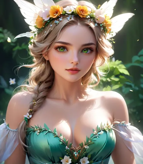 A woman in a green dress with a flower crown on her head, beautiful Fantasy Portrait, Digital fantasy art ), beautiful fantasy a...