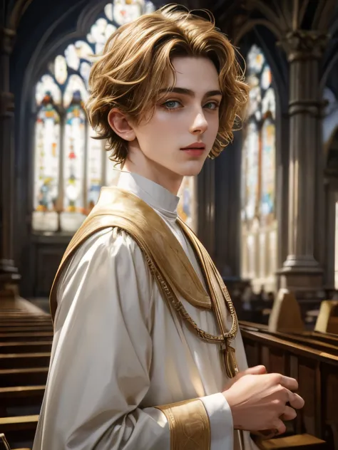 blond short hair , androgynous women ((Timothee Chalamet)), smooth smile, 19-year-old, Catholic church priest, catolic priest ro...