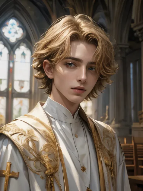 blond short hair , androgynous women ((Timothee Chalamet)), smooth smile, 19-year-old, Catholic church priest, catolic priest ro...