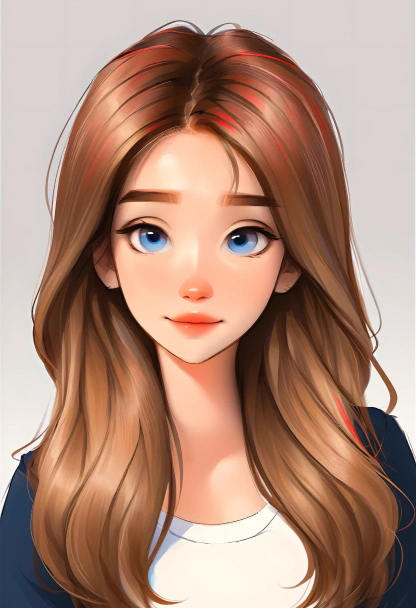 portrait of a cute woman, long hair, light brown hair with red highlights, blue colored eyes, wearing white, White background, webtoon style