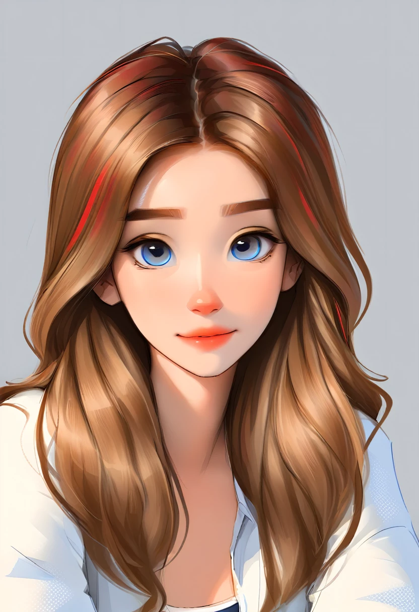 portrait of a cute woman, long hair, light brown hair with red highlights, blue colored eyes, wearing white, White background, webtoon style