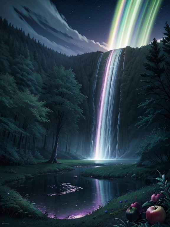 Meisterwerk, 最gute Qualität, gute Qualität, CG, 8K, Landschaft, Nacht, null, Wolke, niemand〜habe nicht ,üppiger Wald, schöner Wasserfall, Regenbogen, fantasie bilder, Feuerfliege, Mondlicht, Polarlicht, Holz, black snake on Holz, Eine Herde Äpfel, mousse, Albino-Hirsch, weißer Hase,