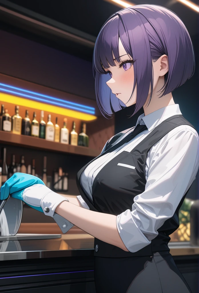 Adult Female, Black purple hair, slanted bob haircut, apathetic, perfect purple eyes, expressive eyes, cyberpunk bar, bartender, bartender uniform, highly detailed, high quality, perfect quality, 8k, cleaning, solid black pupils