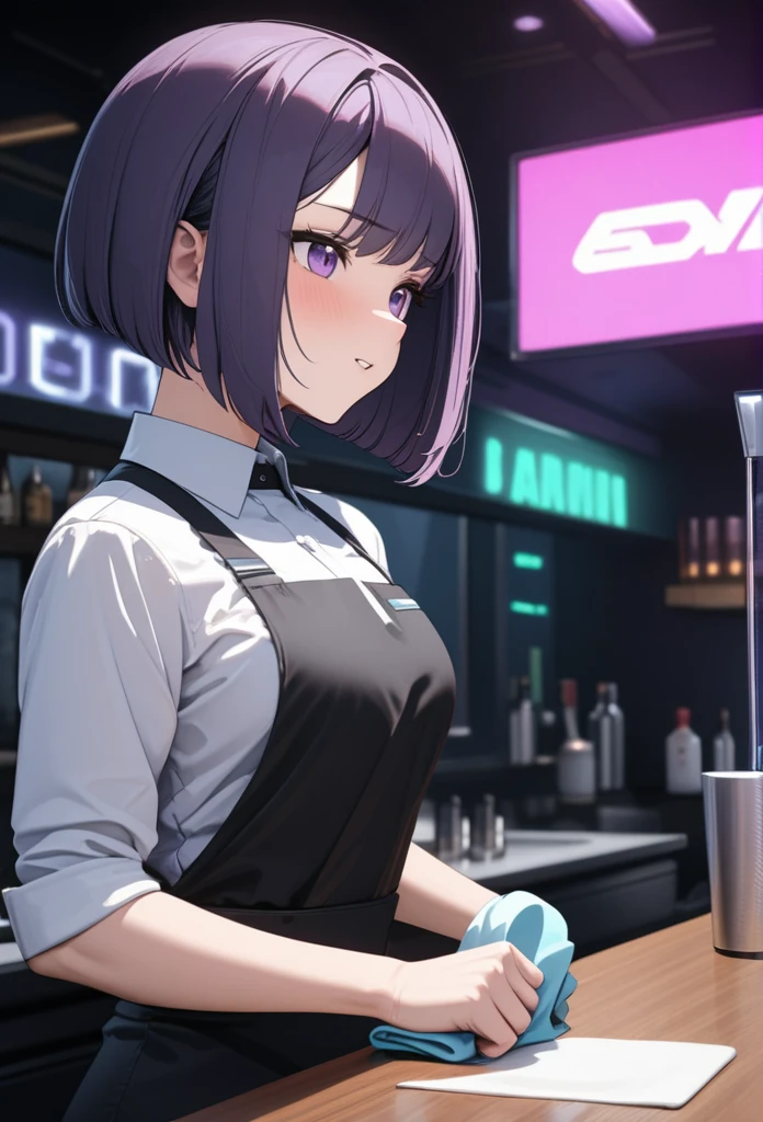 Adult Female, Black purple hair, slanted bob haircut, apathetic, perfect purple eyes, expressive eyes, cyberpunk bar, bartender, bartender uniform, highly detailed, high quality, perfect quality, 8k, cleaning, solid black pupils