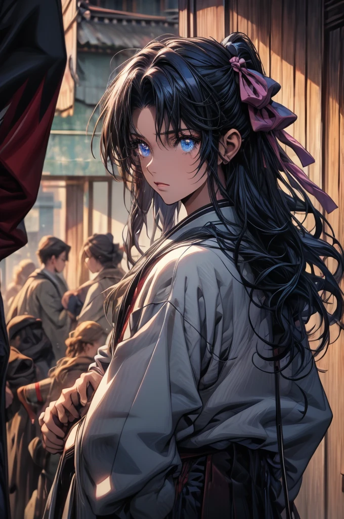 kaorukamiya, kaoru kamiya, blue eyes, black hair, pink bow, bow, hair bow, BREAK skirt, japanese clothes, hakama, hakama skirt, BREAK looking at viewer, BREAK outdoors, BREAK (masterpiece:1.2), best quality, high resolution, unity 8k wallpaper, (illustration:0.8), (beautiful detailed eyes:1.6), extremely detailed face, perfect lighting, extremely detailed CG, (perfect hands, perfect anatomy),