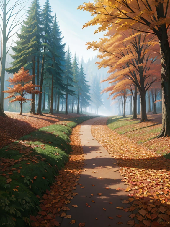 A lush, autumnal forest path, fallen leaves scattered on the ground, detailed 8K digital painting, inspired by the art of Sylvain Sarrailh, Makoto Shinkai and Cyril Rolland, concept art wallpaper, digital painting in the style of Cyril Rolland and Fujita Goro, inspired by the works of Atey Ghailan