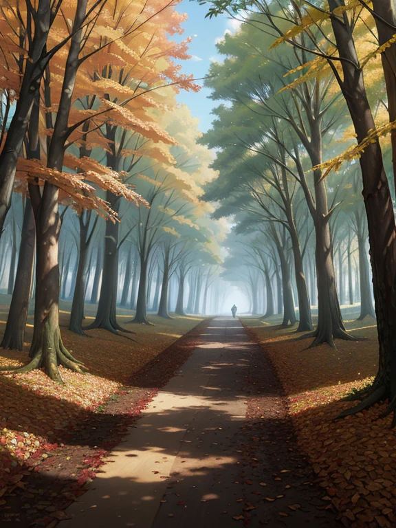 A lush, autumnal forest path, fallen leaves scattered on the ground, detailed 8K digital painting, inspired by the art of Sylvain Sarrailh, Makoto Shinkai and Cyril Rolland, concept art wallpaper, digital painting in the style of Cyril Rolland and Fujita Goro, inspired by the works of Atey Ghailan