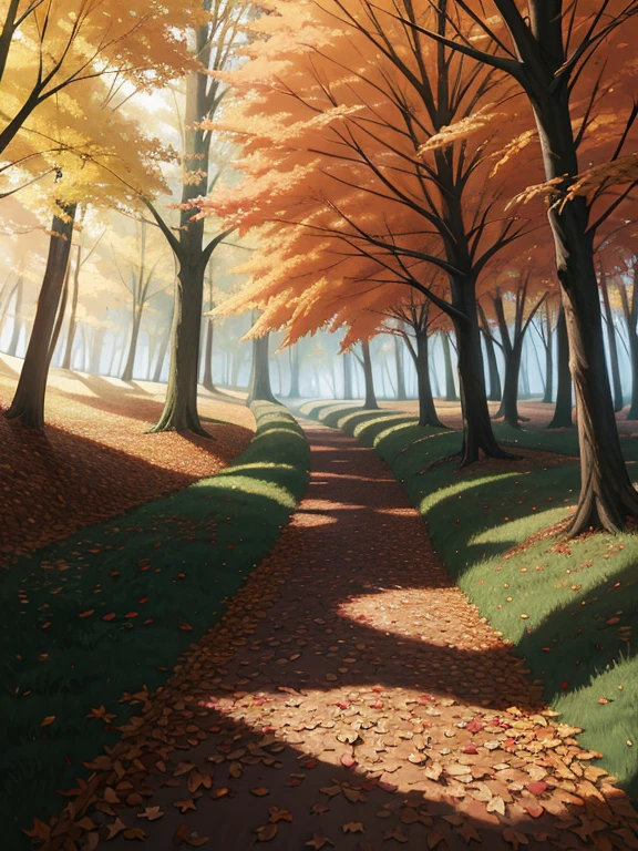 ein üppiges, herbstlicher Waldweg, Gefallene Blätter auf dem Boden verstreut, detailliertes 8K digitales Gemälde, inspiriert von der Kunst von Sylvain Sarrailh, Makoto Shinkai und Cyril Rolland, Konzeptkunst-Hintergrundbild, digitale Malerei im Stil von Cyril Rolland und Fujita Goro, inspiriert von den Werken von Atey Ghailan