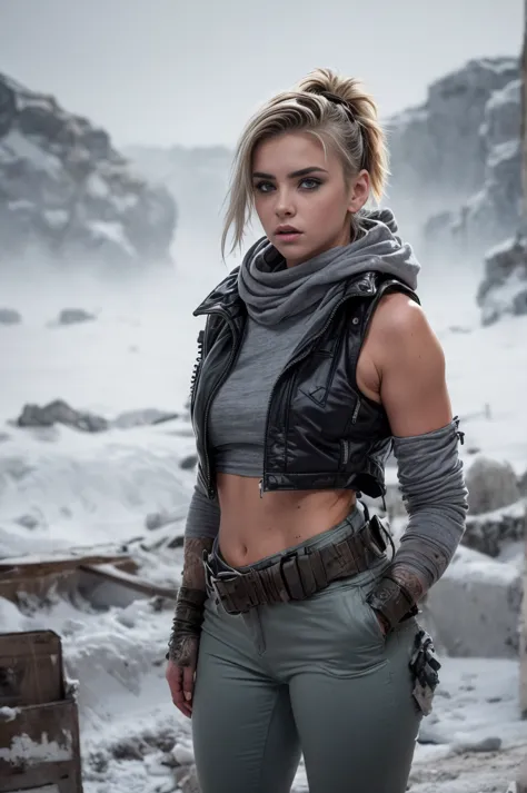 masterpiece, portrait of a beautiful 17 year old Norwegian girl in a post-apocalyptic frozen desert, Punk blonde with short hair...