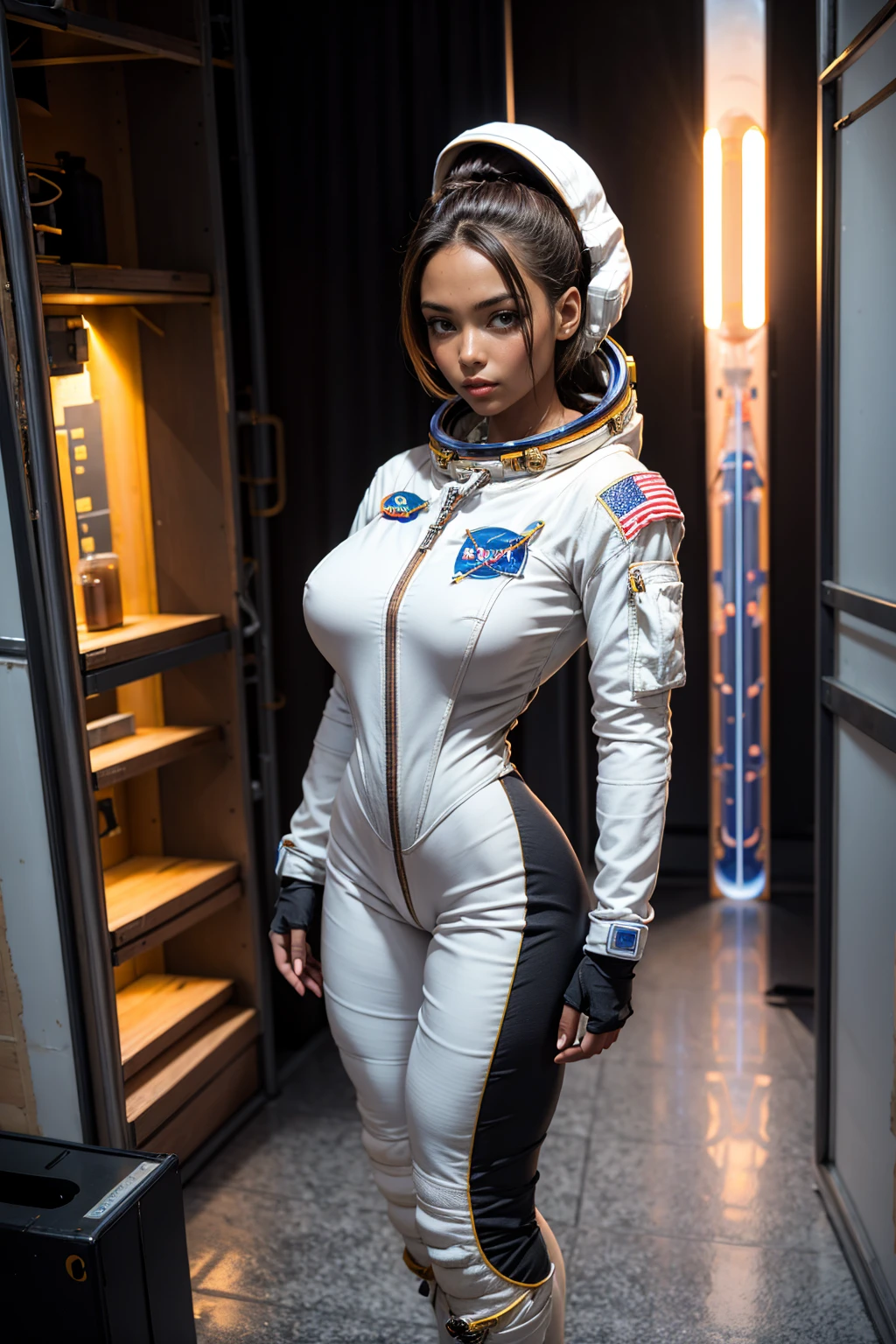 (Muscular:1.8), (thick thighs:1), (large round breasts:1), (large muscular chest and shoulders:1.4), FEMALE, brown hair, long brown hair, (big smile:0), (tight spacesuit, cute tall astronaut:1.6), looking at viewer, (three quarter view:1.3), upper body view, (lab:1.5), dark lighting, detailed skin, detailed eyes, (dark skin:1.4), (very thin waist:1.3), (huge round muscles:1.6), (one protagonist:1.5), (tall:2.3), (pose:1.6),