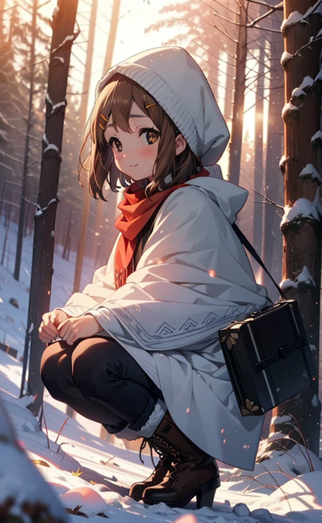 yuihirasawa, Yui Hirasawa, short hair, Brown Hair, hair ornaments, (Brown eyes:1.5), Hair Clip、smile,smile,blush,White Breath,
Open your mouth,snow,Ground bonfire,, Outdoor, boots, snowing, From the side, wood, suitcase, Cape, Blurred, , forest, White handbag, nature,  Squat, Mouth closed, Cape, winter, Written boundary depth, Black shoes, red Cape break looking at viewer, Upper Body, whole body, break Outdoor, forest, nature, break (masterpiece:1.2), Highest quality, High resolution, unity 8k wallpaper, (shape:0.8), (Beautiful and beautiful eyes:1.6), Highly detailed face, Perfect lighting, Highly detailed CG, (Perfect hands, Perfect Anatomy),