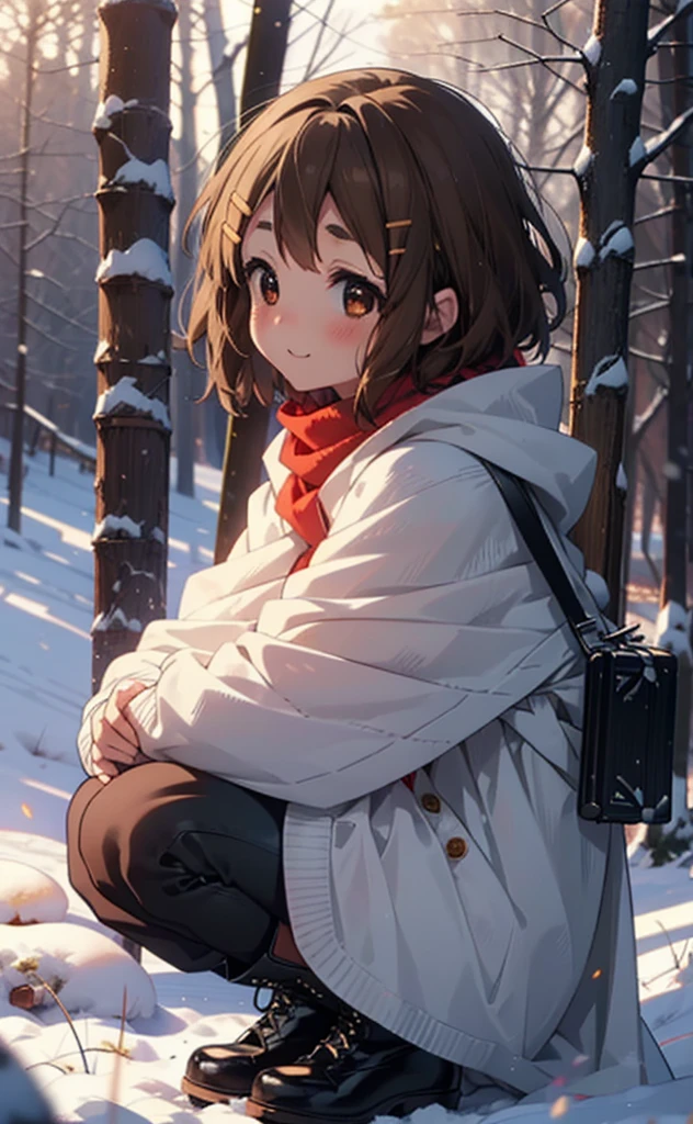 yuihirasawa, Yui Hirasawa, short hair, Brown Hair, hair ornaments, (Brown eyes:1.5), Hair Clip、smile,smile,blush,White Breath,
Open your mouth,snow,Ground bonfire,, Outdoor, boots, snowing, From the side, wood, suitcase, Cape, Blurred, , forest, White handbag, nature,  Squat, Mouth closed, Cape, winter, Written boundary depth, Black shoes, red Cape break looking at viewer, Upper Body, whole body, break Outdoor, forest, nature, break (masterpiece:1.2), Highest quality, High resolution, unity 8k wallpaper, (shape:0.8), (Beautiful and beautiful eyes:1.6), Highly detailed face, Perfect lighting, Highly detailed CG, (Perfect hands, Perfect Anatomy),