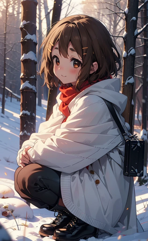 yuihirasawa, Yui Hirasawa, kurzes Haar, braune Haare, Haarschmuck, (braune Augen:1.5), Haarklammer、lächeln,lächeln,erröten,Weißer Atem,
Öffne deinen Mund,Schnee,Bodenfeuer,, draussen, Stiefel, Schneeing, Von der Seite, Holz, Koffer, Kap, Verschwommen, , Wald, Weiße Handtasche, Natur,  Hocken, Mund geschlossen, Kap, winter, Geschriebene Grenztiefe, schwarze Schuhe, red Kap BRECHEN looking at viewer, Oberkörper, ganzer Körper, BRECHEN draussen, Wald, Natur, BRECHEN (Meisterwerk:1.2), höchste Qualität, hohe Auflösung, Einheit 8k Hintergrundbild, (Form:0.8), (Schöne und schöne Augen:1.6), Sehr detailliertes Gesicht, Perfekte Beleuchtung, Hochdetaillierte CG, (perfekte Hände, perfekte Anatomie),