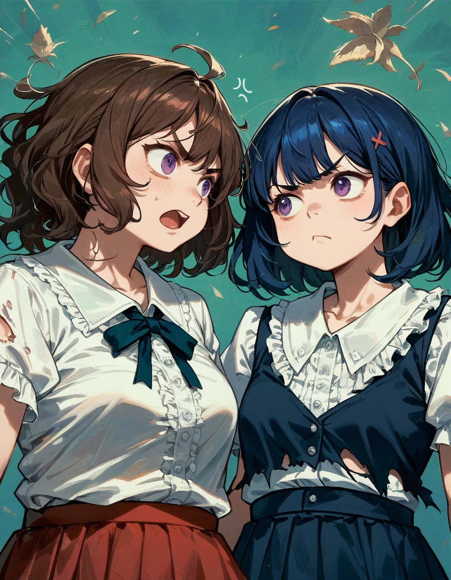 2girls,Breast Matching,[small(3) breasts,brown hair,dark,fluffy hairstyle,],medium hair,[chubby face],Plump face,in stage,frown,starring each other,blouse,skirt,face to face,[flat(3) breasts,dark blue hair,purple eyes,fluffy hairstyle,]looking each other,bust up,ripped clothes,open mouth,scuffle,zoom in,lie down,angry