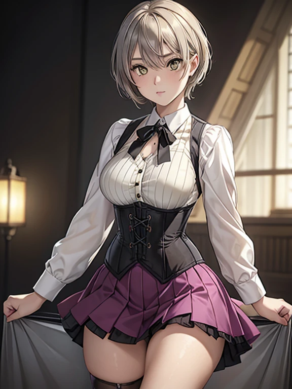 girl, Gray-haired, Short-haired, Yellow-eyed, Small breasts, Cat hair accessories, Side Lock, Gray-haired, Shiny Hair, uniform, (Golden Eyes: 1.2), (Skirt has two long triangular extensions, abdominal vest corset), White buttons on the best corset, (A short-sleeved striped shirt under a vest corset), (The cuffs are close to the arms), (Thick black ribbon around neck), ( short magenta skirt),