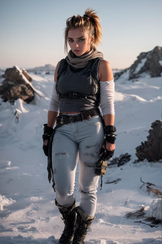 masterpiece, portrait of a beautiful 17 year old Norwegian girl in a post-apocalyptic frozen desert, Punk blonde with short hair, shaved on the sides, grey-blue eyes, very pale skin, highly detailed skin, Cool face, Tense face, Dramatic face, Hard Face, wearing dirty white military pants, wear a white and gray military scarf, wear a winter camouflage military vest in gray and white, wear punk style jewelry, Viking tattoos on skin, Cool Girl, The Killer Girl, Wild Girl, postapocalyptic style, RAW, dramatic lighting, threatening the Scandinavian skies, 8 k, Ultra high resolution.Photorealistic, uhd, First phase of XF IQ4, 150 MP, post-apocalyptic frozen snowy fjord landscape in the background, dirt, dust, rumbles, wreckage, action pose, (Mad Max movie atmosphere:1.2)