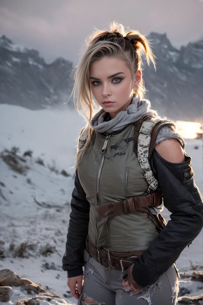 masterpiece, portrait of a beautiful 17 year old Norwegian girl in a post-apocalyptic frozen desert, Punk blonde with short hair, shaved on the sides, grey-blue eyes, very pale skin, highly detailed skin, Cool face, Tense face, Dramatic face, Hard Face, wearing dirty white military pants, wear a white and gray military scarf, wear a winter camouflage military vest in gray and white, wear punk style jewelry, Viking tattoos on skin, Cool Girl, The Killer Girl, Wild Girl, postapocalyptic style, RAW, dramatic lighting, threatening the Scandinavian skies, 8 k, Ultra high resolution.Photorealistic, uhd, First phase of XF IQ4, 150 MP, post-apocalyptic frozen snowy fjord landscape in the background, dirt, dust, rumbles, wreckage, action pose, (Mad Max movie atmosphere:1.2)