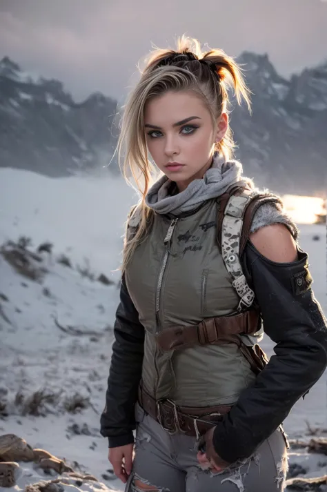 masterpiece, portrait of a beautiful 17 year old norwegian girl in a post-apocalyptic frozen desert, punk blonde with short hair...