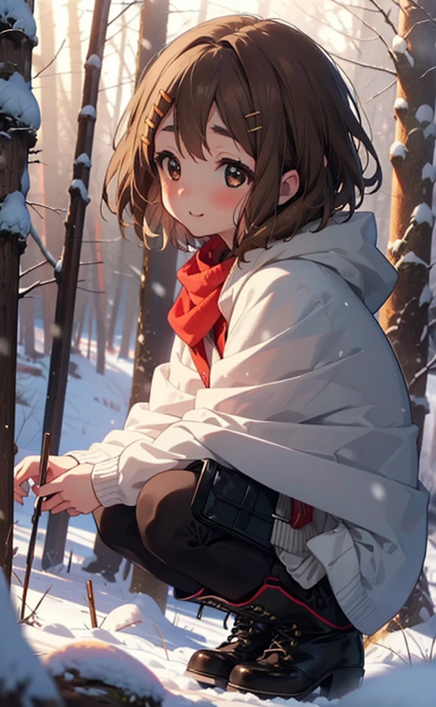 yuihirasawa, Yui Hirasawa, short hair, Brown Hair, hair ornaments, (Brown eyes:1.5), Hair Clip、smile,smile,blush,White Breath,
Open your mouth,snow,Ground bonfire,, Outdoor, boots, snowing, From the side, wood, suitcase, Cape, Blurred, , forest, White handbag, nature,  Squat, Mouth closed, Cape, winter, Written boundary depth, Black shoes, red Cape break looking at viewer, Upper Body, whole body, break Outdoor, forest, nature, break (masterpiece:1.2), Highest quality, High resolution, unity 8k wallpaper, (shape:0.8), (Beautiful and beautiful eyes:1.6), Highly detailed face, Perfect lighting, Highly detailed CG, (Perfect hands, Perfect Anatomy),