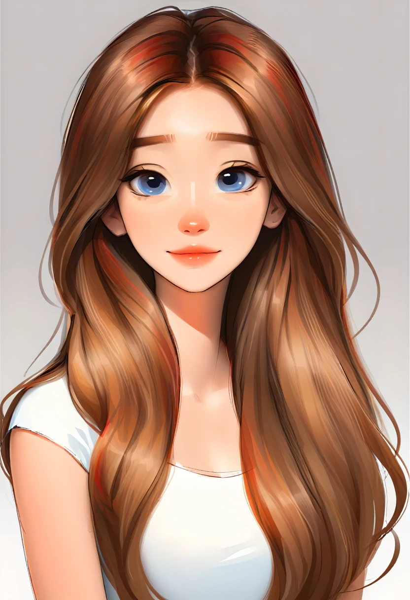 一個可愛的女人的肖像, 長髮, 帶有紅色亮點的淺棕色頭髮, 藍眼睛, 穿著白色, 白色背景, 網路漫畫風格