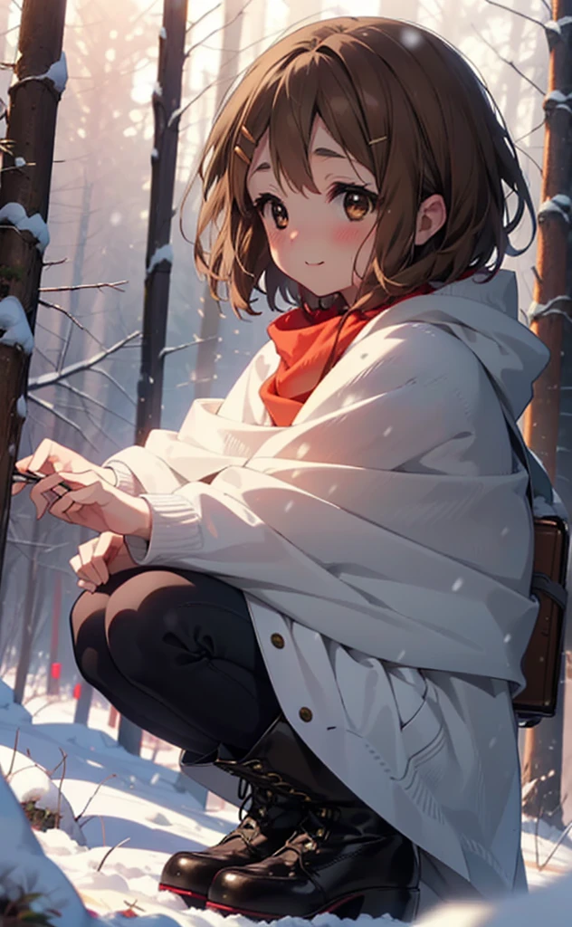 yuihirasawa, Yui Hirasawa, short hair, Brown Hair, hair ornaments, (Brown eyes:1.5), Hair Clip、smile,smile,blush,White Breath,
Open your mouth,snow,Ground bonfire,, Outdoor, boots, snowing, From the side, wood, suitcase, Cape, Blurred, , forest, White handbag, nature,  Squat, Mouth closed, Cape, winter, Written boundary depth, Black shoes, red Cape break looking at viewer, Upper Body, whole body, break Outdoor, forest, nature, break (masterpiece:1.2), Highest quality, High resolution, unity 8k wallpaper, (shape:0.8), (Beautiful and beautiful eyes:1.6), Highly detailed face, Perfect lighting, Highly detailed CG, (Perfect hands, Perfect Anatomy),