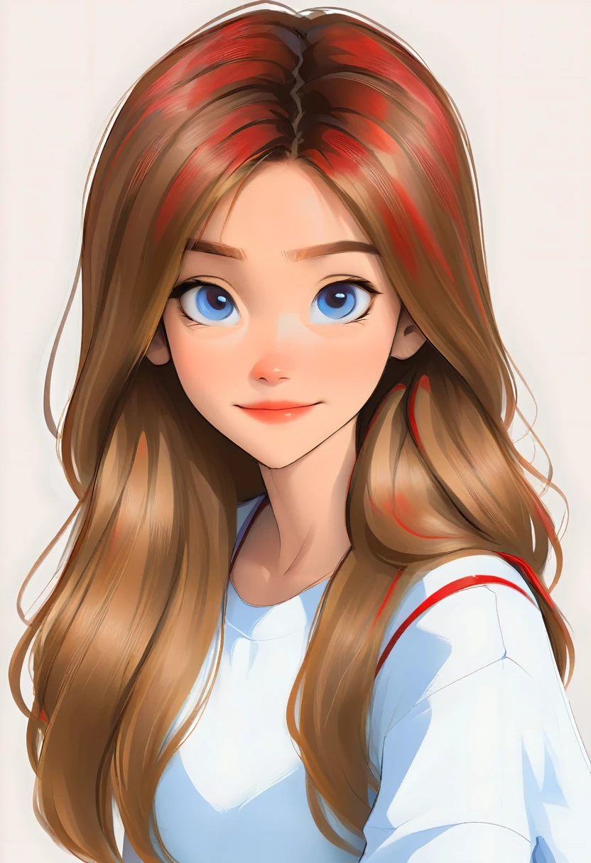 portrait of a cute woman, long hair, light brown hair with red highlights, blue eyes, wearing white, White background, akira toriyama style