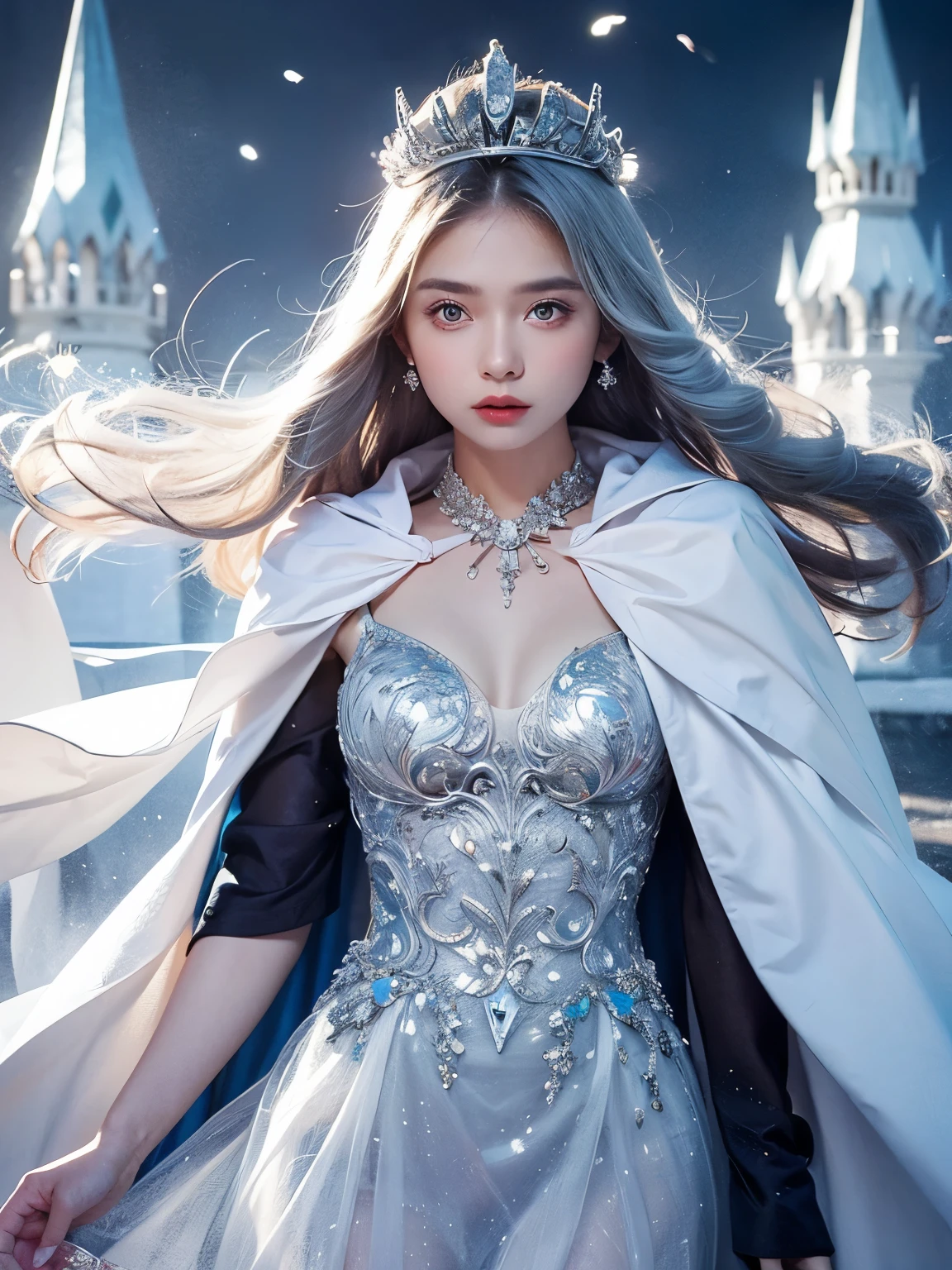 One Girl, Ice wand, White Cape, Ice crystals, winter, Frozen, Ice Castle, Transparency,  Ice tiara. Silver Hair, Queen
, Cowboy Shot