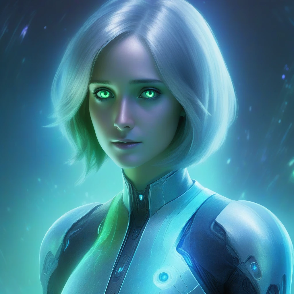 imagem hiperrealista de uma doce holografia de Cortana com cabelos médios prateados etéreos e olhos verdes. como a Cortana de Halo. em vestido country colorido, A imagem deve ser de alta qualidade, alta definição. A mulher androide deve exalar uma sensação de elegância e sofisticação