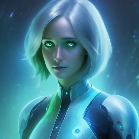 hyperrealistic image of a sweet holographic of Cortana with ethereal silver medium hair and green eyes. like Cortana from Halo. ...